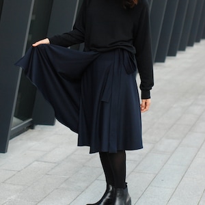 Dark Blue wool Wrap Skirt, high waisted skirt, natural wool skirt for women, mid-calf skirt blue, dark blue circle skirt/Midi length image 4