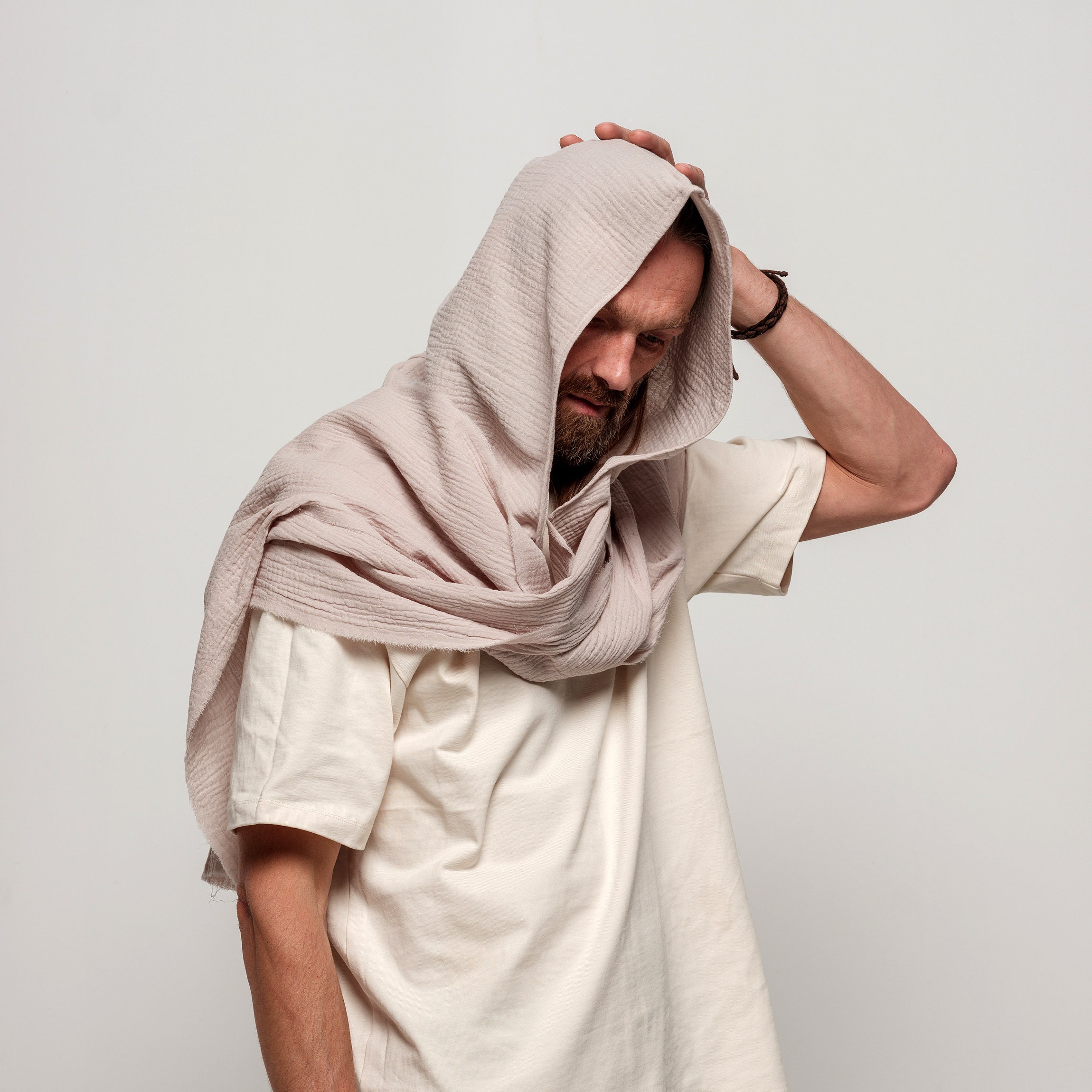 Beige White Hood , Organic Cotton Cowl Scarf, Cowl Shrug
