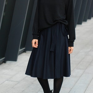 Dark Blue wool Wrap Skirt, high waisted skirt, natural wool skirt for women, mid-calf skirt blue, dark blue circle skirt/Midi length image 3