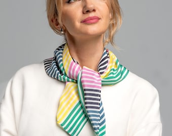 Foulard en soie carré de 63 cm, écharpe rayée pour femme, écharpe tendance, bandana, foulard en soie, écharpe en pure soie 100 % naturelle, écharpe de cou en soie