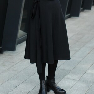 Black Wool Wrap Skirt, high waisted skirt, natural black wool skirt for women, mid-calf skirt black, black circle skirt image 3