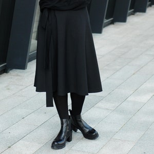 Black Wool Wrap Skirt, high waisted skirt, natural black wool skirt for women, mid-calf skirt black, black circle skirt image 6