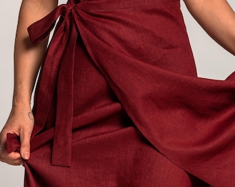 Gonna a portafoglio in lino bordeaux – Gonna midi a vita alta, gonna a trapezio in lino, lino europeo fatto a mano, gonna estiva minimalista, taglie forti