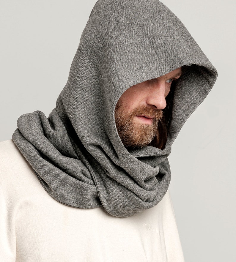 Soft cotton Gray Hood Unisex, Gray Cowl Scarf men, Cowl Shrug men, Cowl Hood, Festival Head Scarf, Convertible Scarf, Hooded Scarf,natura image 7