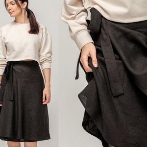 Black 100 % Linen Wrap Skirt, high waisted skirt, summer black skirt,midi A-Line Silhouette, Plus Size Linen, Midi Linen Skirt