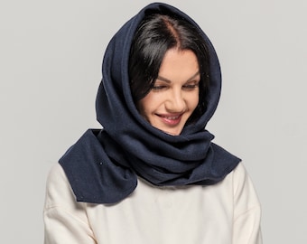 Mörkblå ullhuva unisex, blå halsduk, axelbandslös halsduk, halsduk med huva, festivalhalsduk, konvertibel halsduk, halsduk med huva, transformerande huva