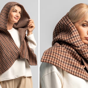 Soft Wool Checked Hood Unisex, Brown Cowl Scarf ,Cowl Shrug ,Cowl Hood, Festival, Scarf, Convertible Scarf, Hooded Scarf, Tartan, Assassins