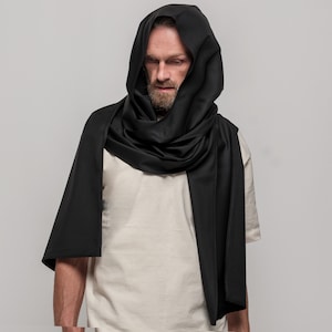 Premium Wool Hood Unisex, Black Cowl Scarf, Cowl Shrug men, Burningman, Festival Gypsy Rave, Convertible Scarf, Hooded Scarf, Dune cosplay