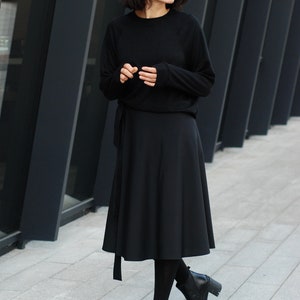 Black Wool Wrap Skirt, high waisted skirt, natural black wool skirt for women, mid-calf skirt black, black circle skirt image 2