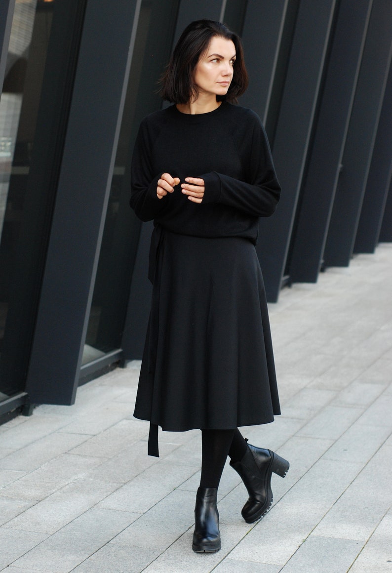 Black Wool Wrap Skirt, high waisted skirt, natural black wool skirt for women, mid-calf skirt black, black circle skirt image 2