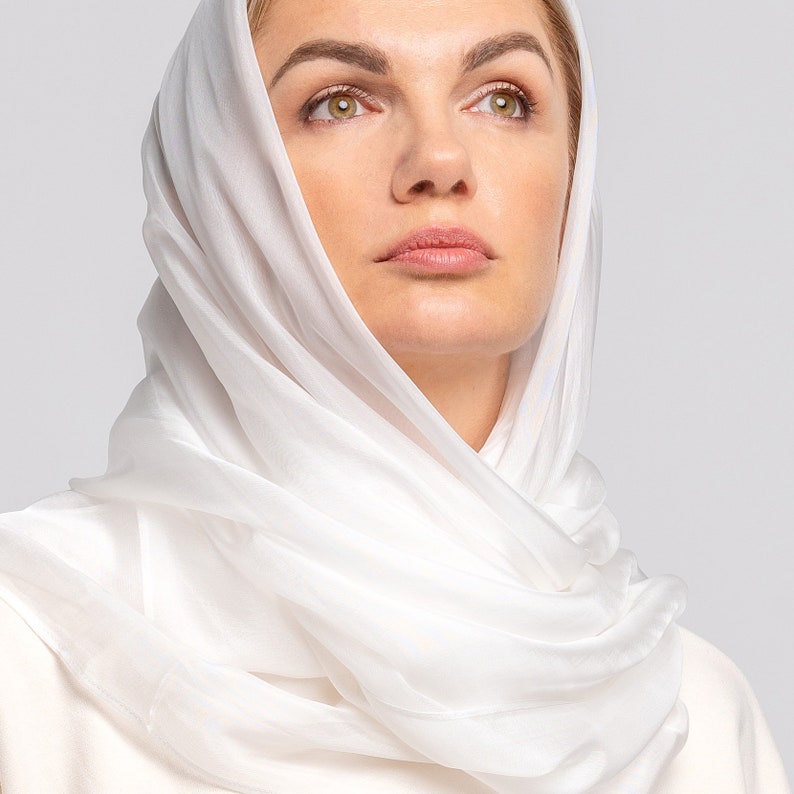 Oversized 100% Natural Pure Silk Scarf, Neck Silk Scarf, Silk Hair scarf, Luxurious Sheen White Scarf Stole Shawl, Big Silk Scarf Hijab image 2