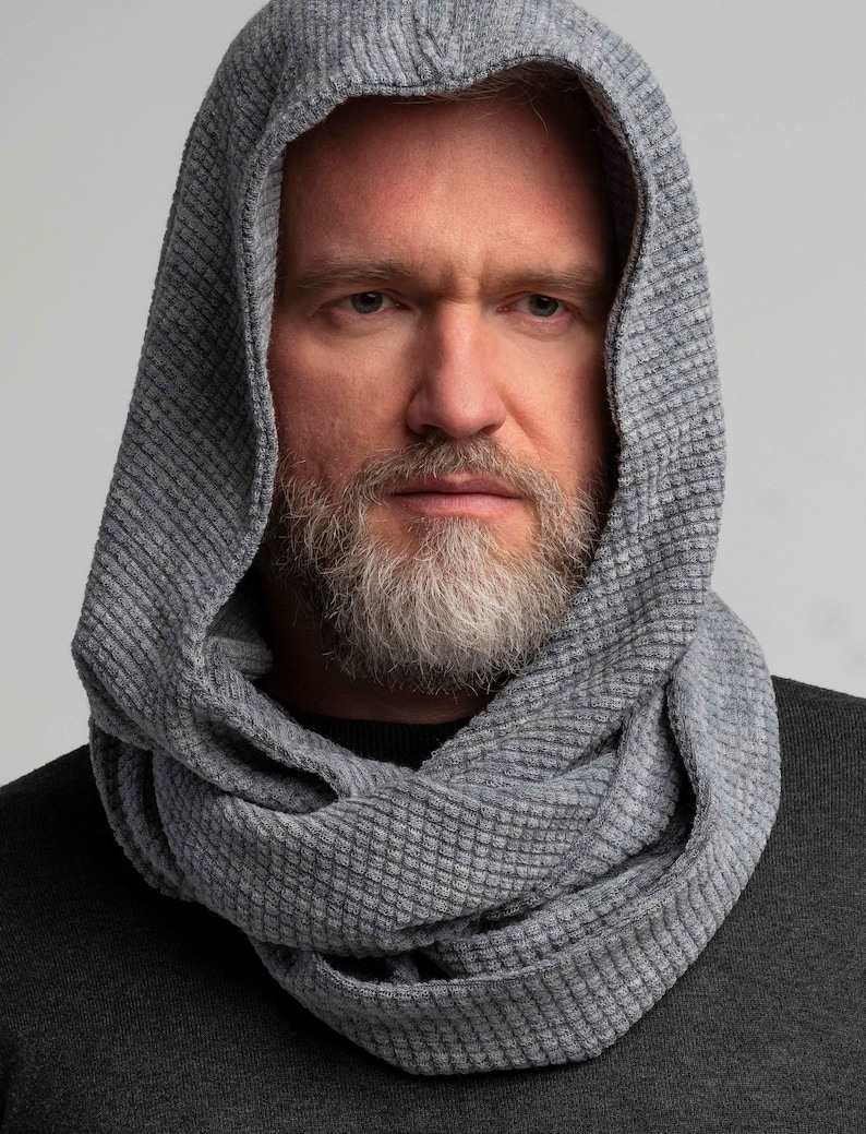 Soft Wool Gray Hood Unisex, Gray Cowl Scarf men, Cowl Shrug men, Cowl Hood, Festival Head Scarf, Convertible Scarf, Hooded Scarf,natura image 2