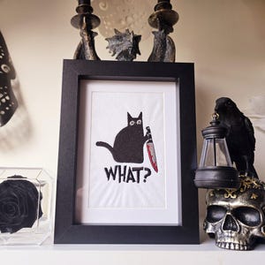 Machine Embroidered Dark Horror Cat Kitty Box Frame 4x6&quot;