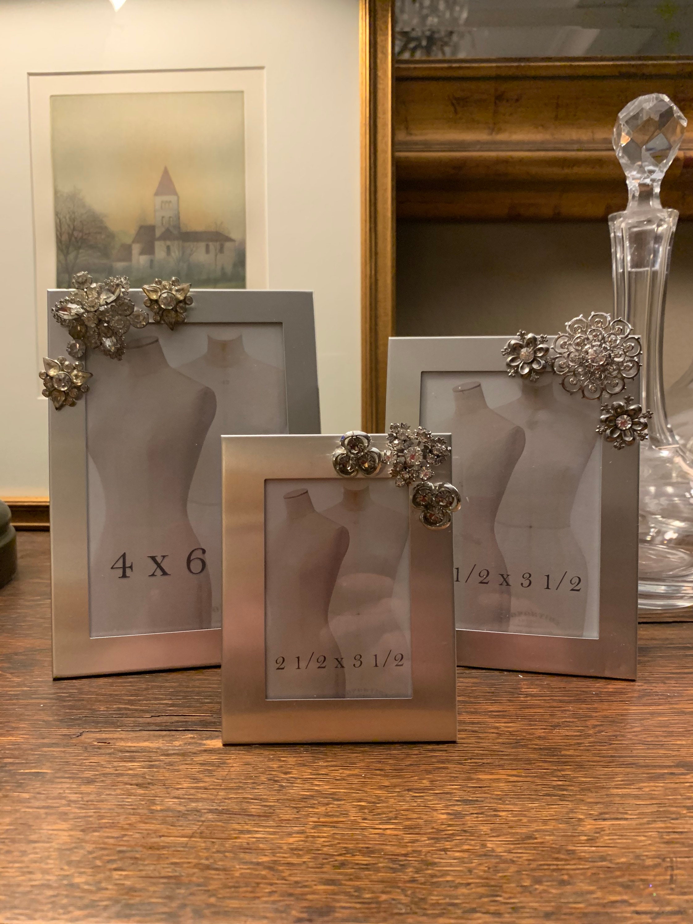 Brushed Silver Tone Picture Frames with Vintage Rhinestone Etsy