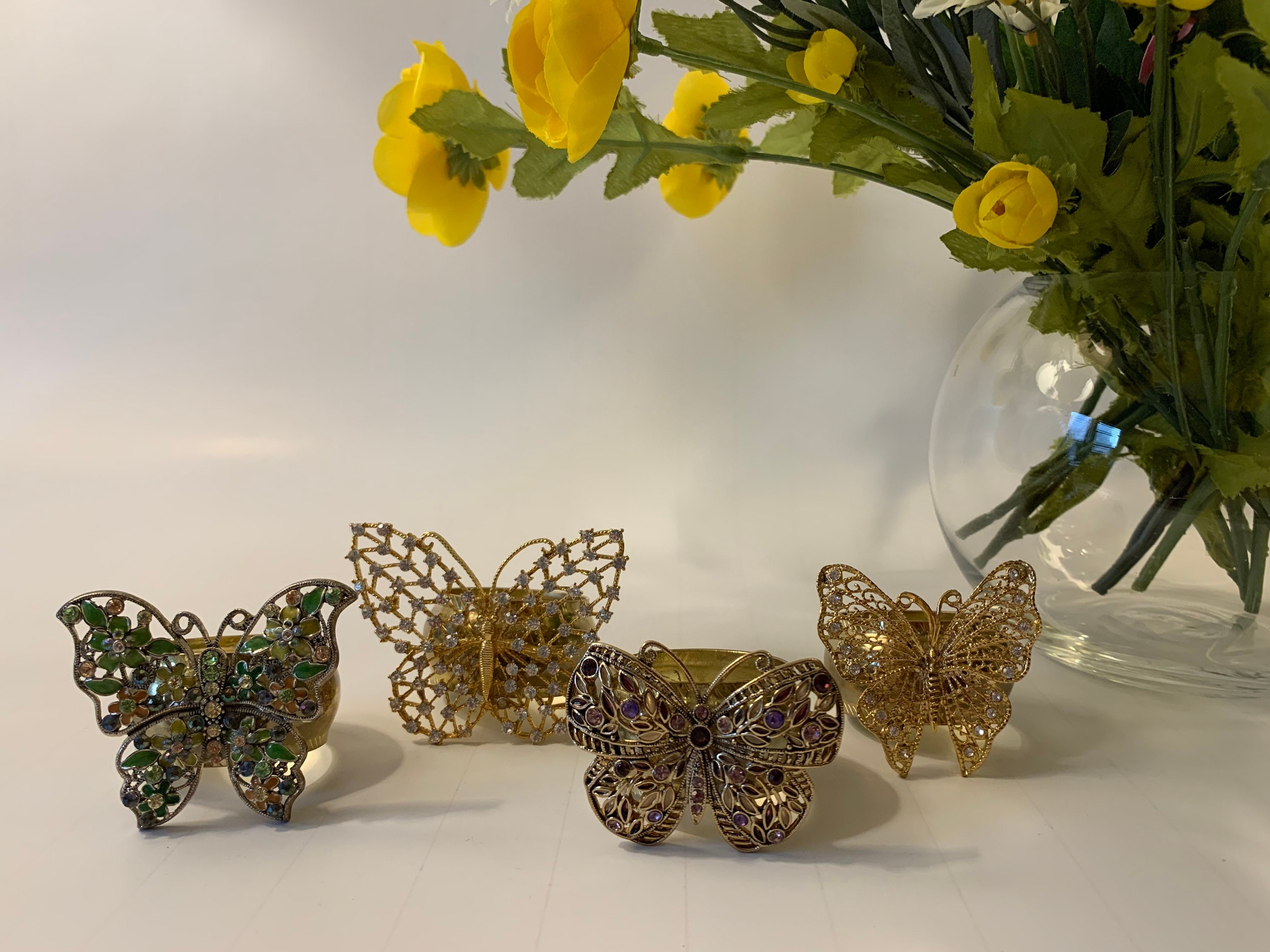 Set of Four Vintage Brooch Napkin Rings Vintage Butterfly Brooch Napkin Rings Rhinestone Butterfly Napkin Rings