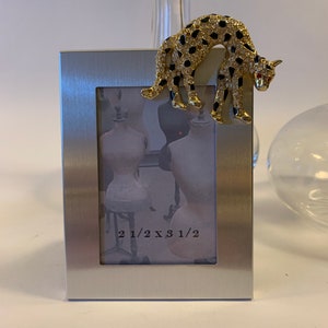 Silver Tone Picture Frame with Vintage Gold and Black Enamel and Rhinestone Leopard Brooch
