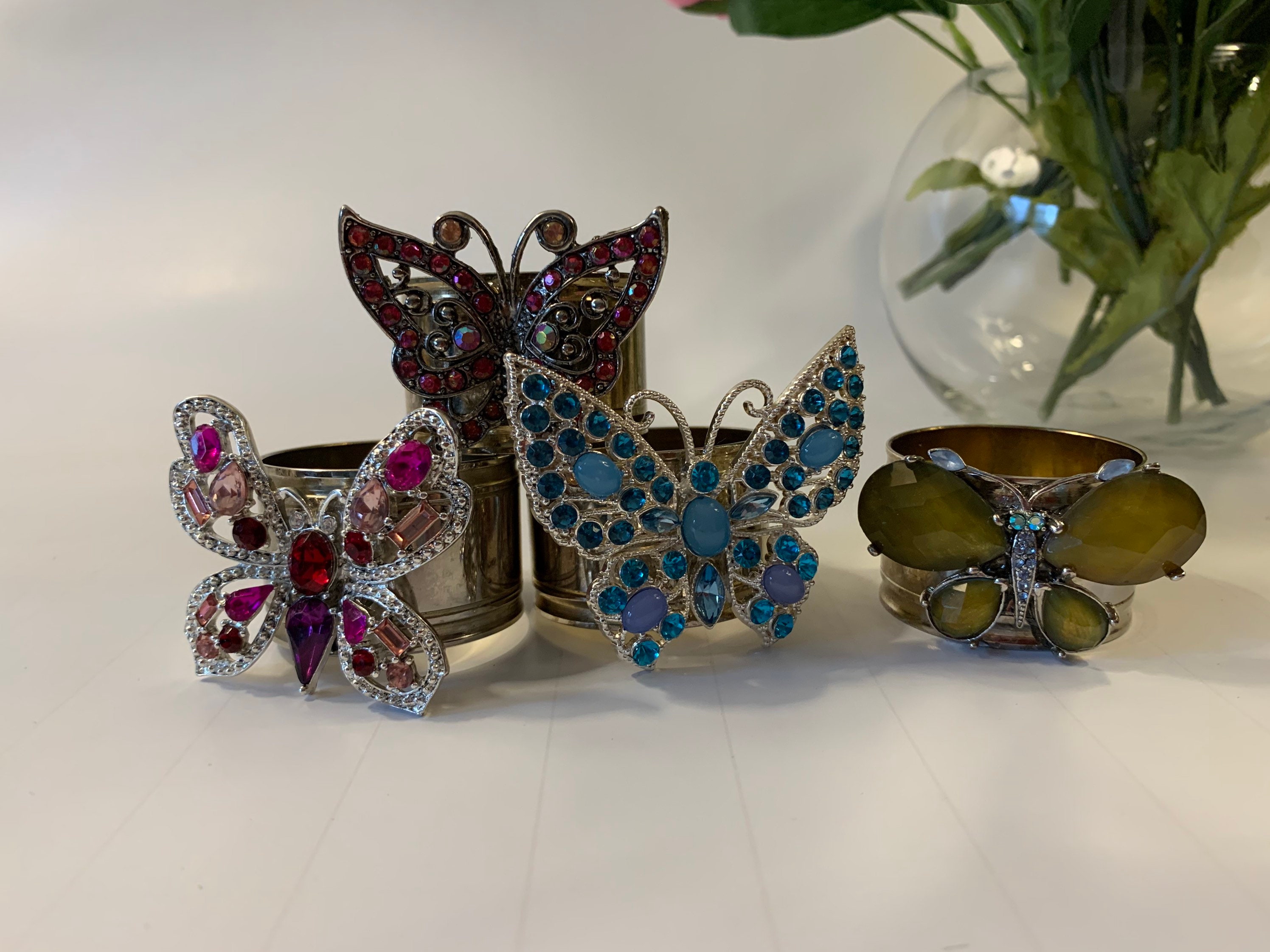 Set of Four Vintage Brooch Napkin Rings Vintage Butterfly Brooch Napkin Rings Rhinestone Butterfly Napkin Rings Jeweled