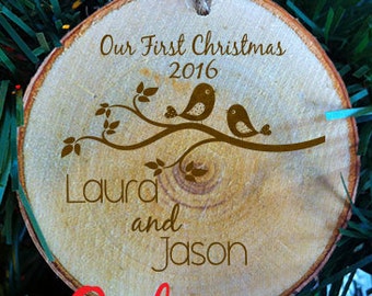 SHIPS FAST Personalized Our First Christmas First Names with Love Birds on a Branch Wood Slice Christmas Ornament Made in the USA