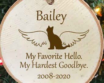 Cat or Dog Pet Memorial: My Favorite Hello, My Hardest Goodbye Personalized Wood Christmas Ornament