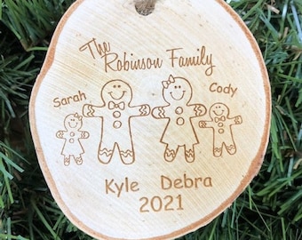 Gingerbread Family Personalized  Rustic Wood Slice Family Christmas Ornament