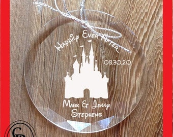 Happily Ever After Castle Personalized Crystal Ornament . Engraved in the USA.