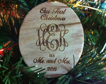 Three Letter Monogram Our First Christmas as Mr and Mrs Wood Ornament Wedding Christmas Ornament