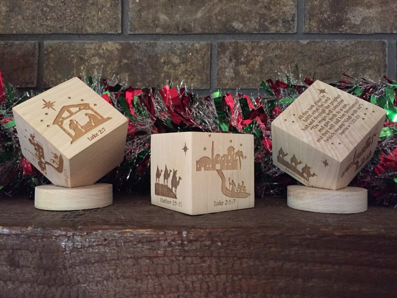 Personalized Nativity Scene Blocks Nativity Story Christmas Story Blocks Scripture Blocks Free Standing Wood Block Cube image 1