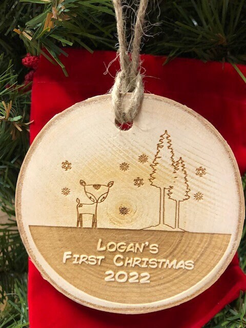 Baby's First Christmas Woodland Theme - Baby Doe - Personalized Rustic Wood Slice Baby's First Christmas Ornament