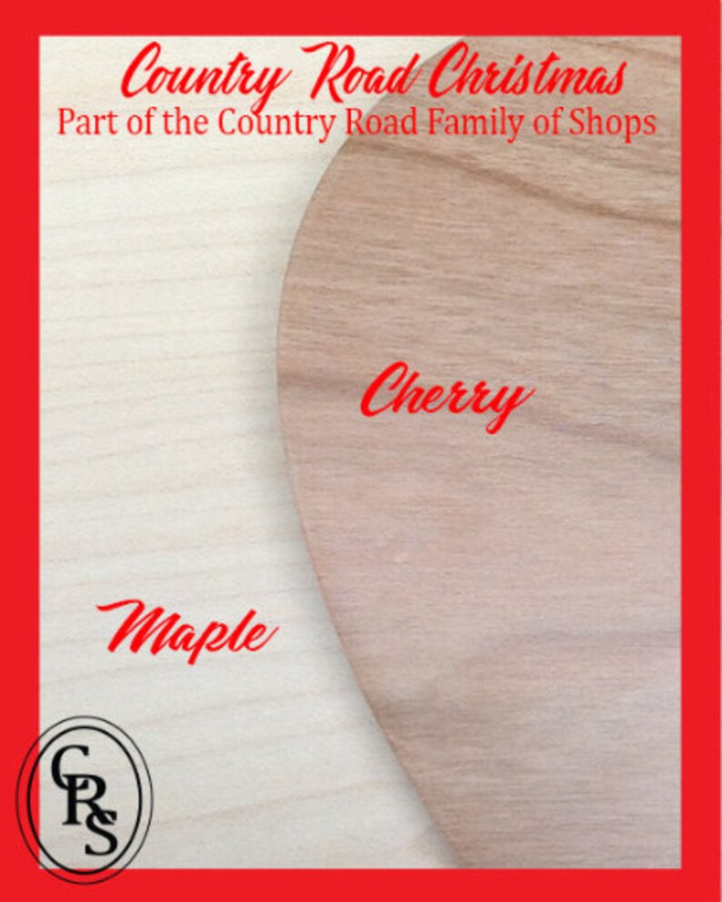 May include: Close-up of two wood samples, one maple and one cherry. The samples are part of the Country Road Christmas Family of Shops.