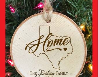 Engraved Christmas Personalized Wood Slice Ornament - Home - State - Family Christmas Ornament - Mr & Mrs Ornament - Wedding Gift