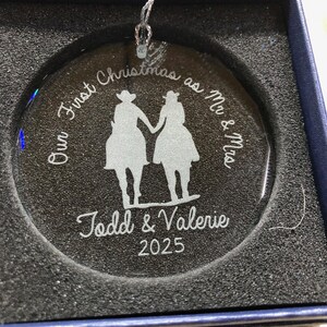 Personalized Our First Christmas as Mr & Mrs Western Couple On Horseback Wood Slice -Wood Cut Out -Crystal Wedding or Christmas ornament image 11