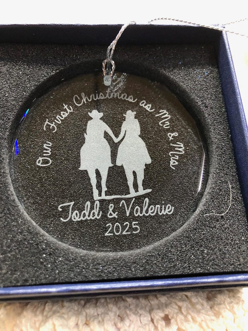 Personalized Our First Christmas as Mr & Mrs Western Couple On Horseback Wood Slice -Wood Cut Out -Crystal Wedding or Christmas ornament image 11