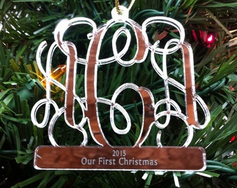 Personalized Custom Mirrored Acrylic 3 Letter Monogram Our First Christmas Ornament Wedding Christmas Ornament