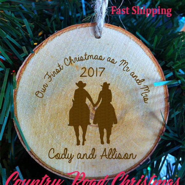 Personalized Our First Christmas as Mr & Mrs Western Couple On Horseback Wood Slice -Wood Cut Out -Crystal Wedding or Christmas ornament
