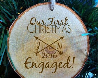 Personalized Our First Christmas Engaged Arrow Design Wood Slice Christmas Ornament Made in the USA