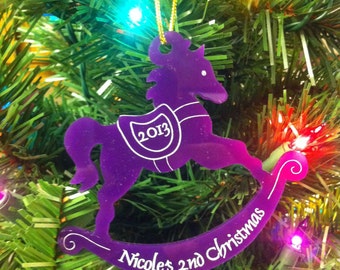 Personalized Custom Acrylic Baby&#39;s First Christmas Ornament Rocking Horse Christmas Ornament