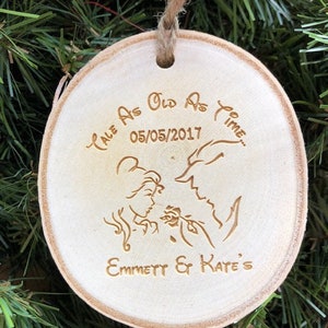 Personalized Wedding Ornament Mr and Mrs  Beauty and the Beast Wood Slab Ornament Made In USA.