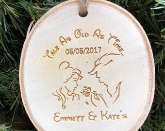 Personalized Wedding Ornament Mr and Mrs  Beauty and the Beast Wood Slab Ornament Made In USA.