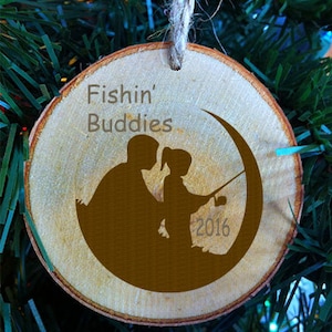 Fishing Buddies Father daughter Grandfather granddaughter Girl Wood Slice Ornament Made In USA.