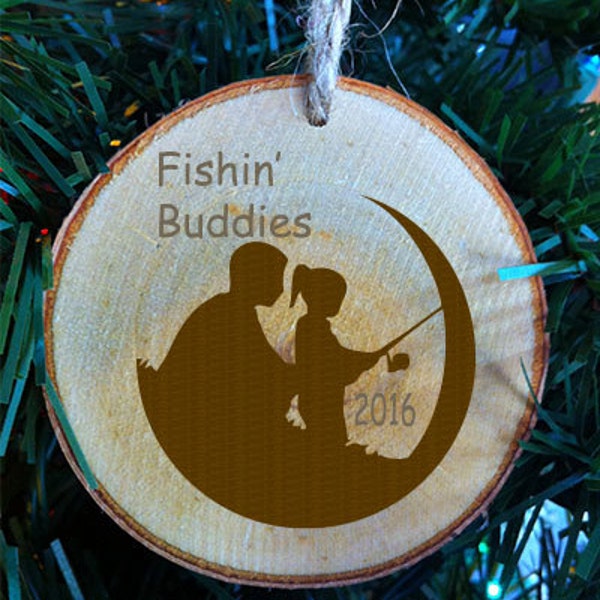 Fishing Buddies Father daughter Grandfather granddaughter Girl Wood Slice Ornament Made In USA.