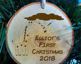 Baby's First Christmas Safari Theme - Baby Giraffe - Personalized Wood Slice Baby's First Christmas Ornament