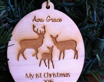 Rustic Baby&#39;s First Christmas Deer Family with Baby Deer & Buck and Doe Wood Christmas Ornament