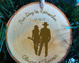 Our Day to Remember Western Couple Personalized Silhouette Western Couple First Names  Wood Slice Wedding Ornament Made in the USA