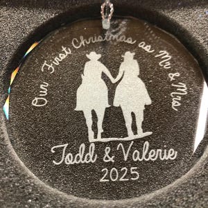 Personalized Our First Christmas as Mr & Mrs Western Couple On Horseback Wood Slice -Wood Cut Out -Crystal Wedding or Christmas ornament image 2