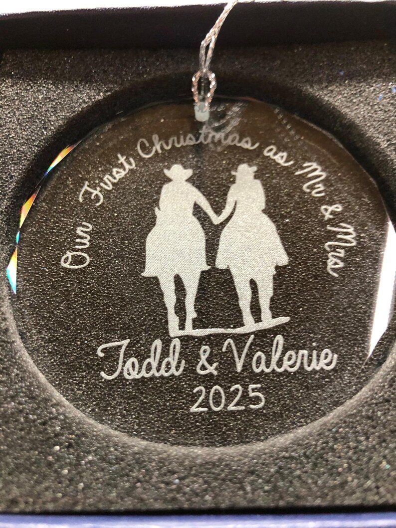 Personalized Our First Christmas as Mr & Mrs Western Couple On Horseback Wood Slice -Wood Cut Out -Crystal Wedding or Christmas ornament image 2
