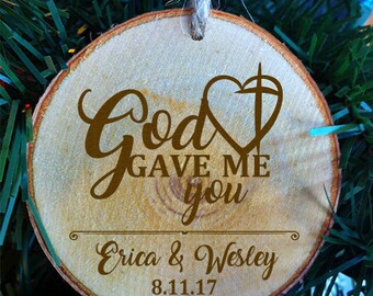Personalized God Gave Me You Heart and Cross with First Names and Date Wood Slice -Wood Cut Out -Crystal Wedding or Christmas ornament