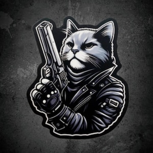 Autocollant félin foncé de puissance de feu | Chat avec arme à feu | Chat dur à cuire