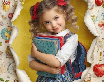 Back To School Digital Backdrop, Ripped Paper Photo Background, PNG Template. Instant Download