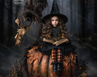 Halloween Digital Backdrop Photography, Moody Fine Art Children Portrait, Pumpkin and Black Cat Digital Background Composite. Download