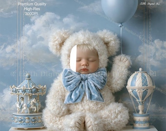 Newborn Face Insert Digital Backdrop Photography, Teddy Bear Shelf,  Toddler Baby Boy Holding a Ballon. Photoshop Composite.  Download